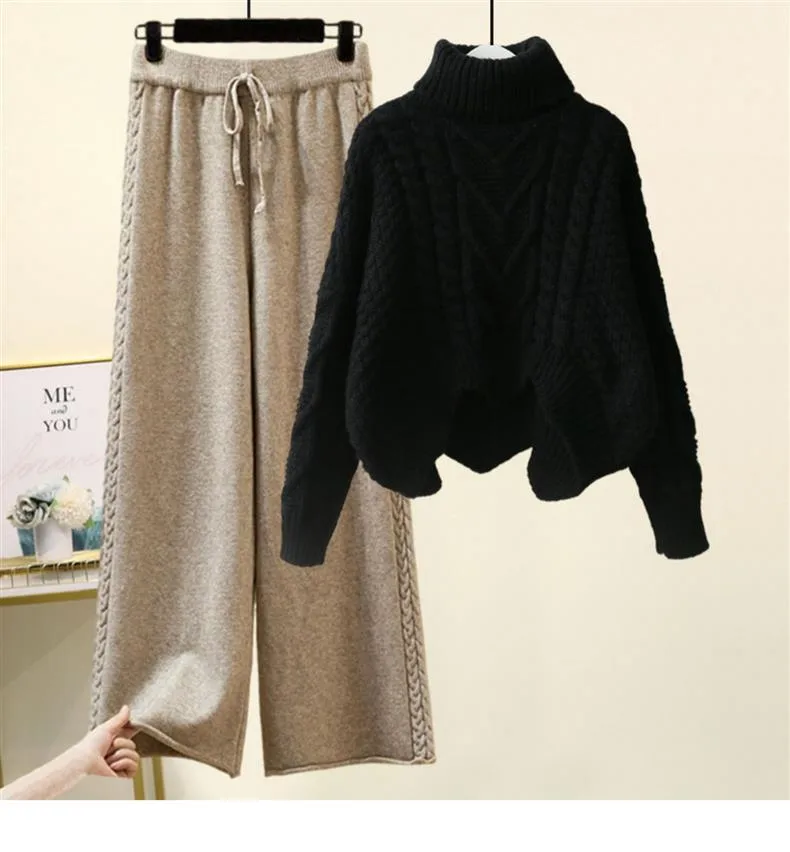 Fleece-lined Thickened Two-Piece Women's Autumn And Winter New High-Neck Twist Pullover Sweater Design Sense Daggedness Wide-Leg Pants display picture 2