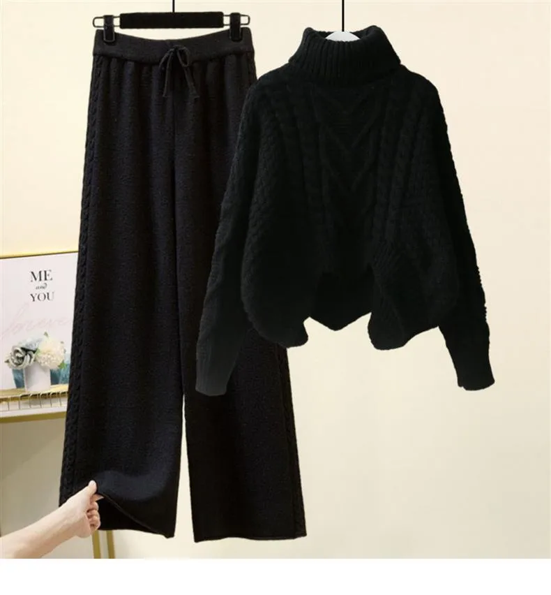 Fleece-lined Thickened Two-Piece Women's Autumn And Winter New High-Neck Twist Pullover Sweater Design Sense Daggedness Wide-Leg Pants display picture 3