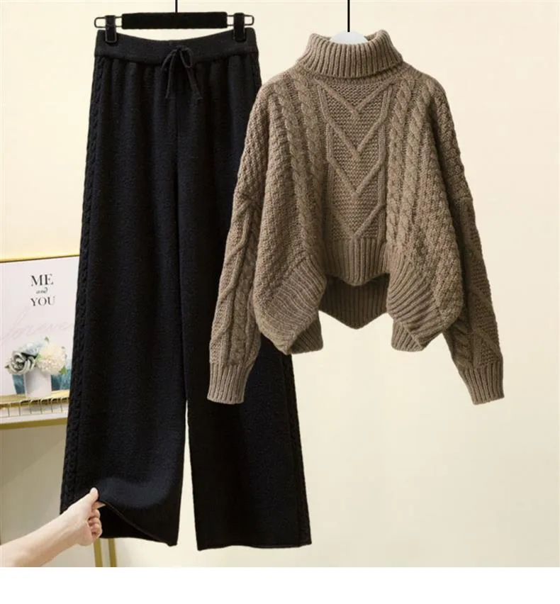 Fleece-lined Thickened Two-Piece Women's Autumn And Winter New High-Neck Twist Pullover Sweater Design Sense Daggedness Wide-Leg Pants display picture 4