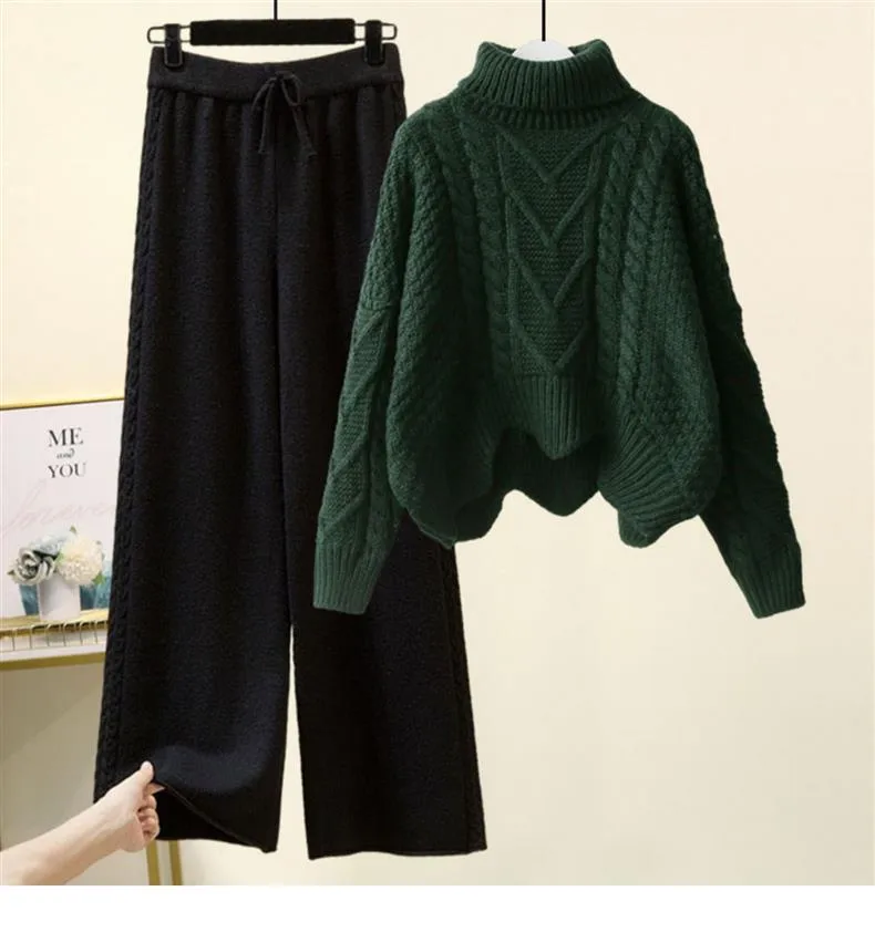 Fleece-lined Thickened Two-Piece Women's Autumn And Winter New High-Neck Twist Pullover Sweater Design Sense Daggedness Wide-Leg Pants display picture 5
