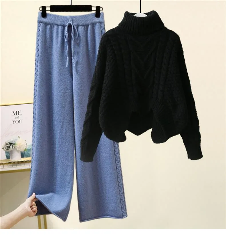 Fleece-lined Thickened Two-Piece Women's Autumn And Winter New High-Neck Twist Pullover Sweater Design Sense Daggedness Wide-Leg Pants display picture 6