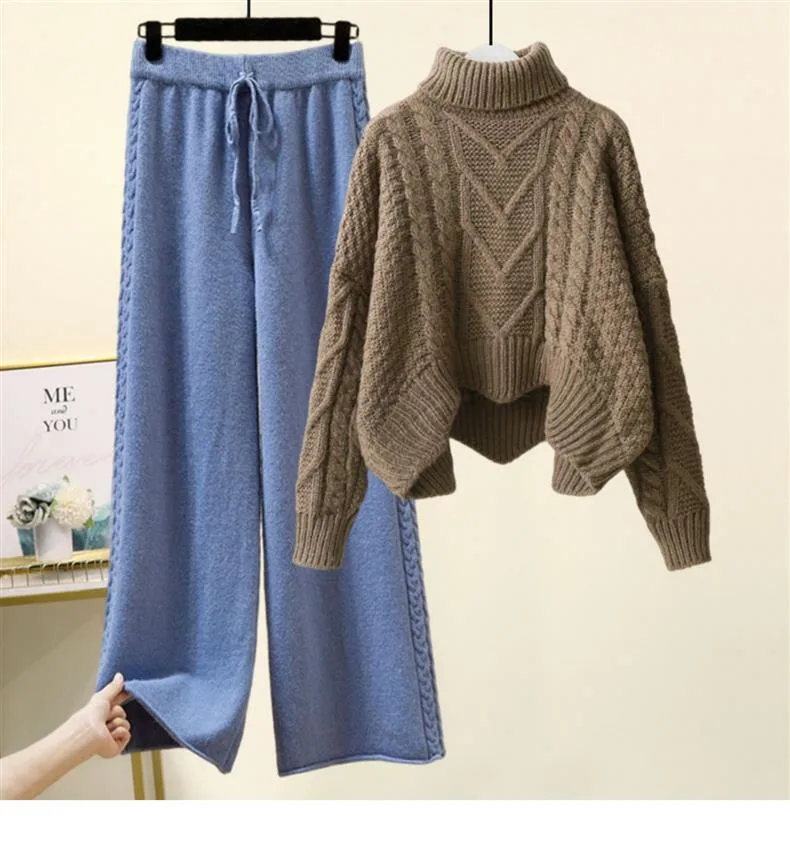 Fleece-lined Thickened Two-Piece Women's Autumn And Winter New High-Neck Twist Pullover Sweater Design Sense Daggedness Wide-Leg Pants display picture 7