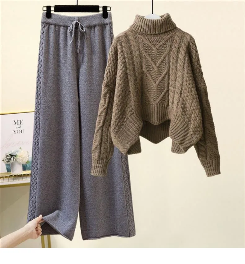 Fleece-lined Thickened Two-Piece Women's Autumn And Winter New High-Neck Twist Pullover Sweater Design Sense Daggedness Wide-Leg Pants display picture 8