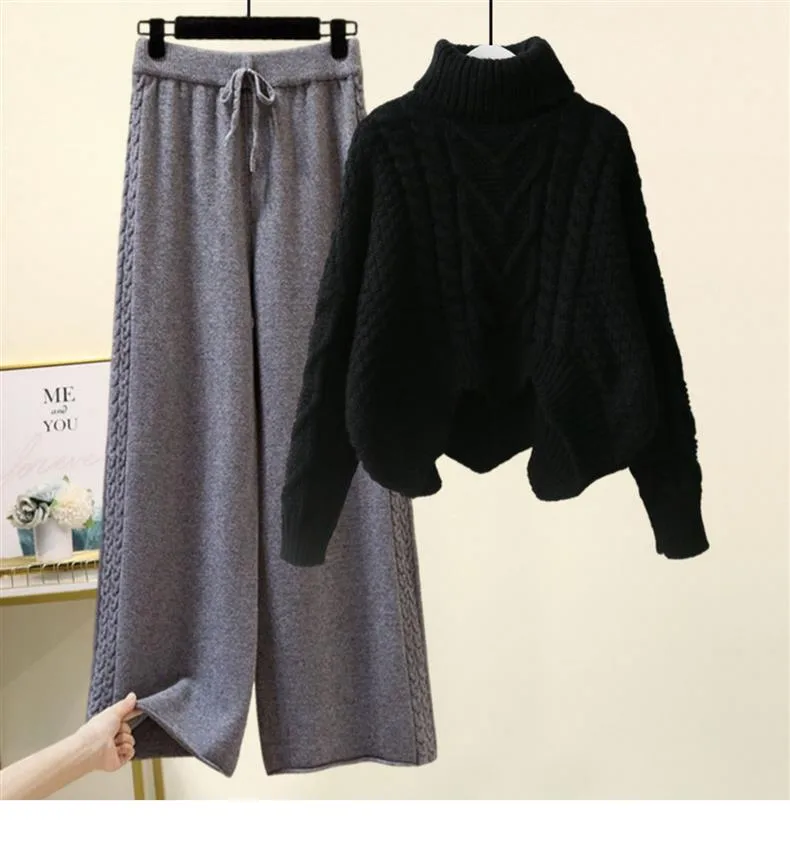 Fleece-lined Thickened Two-Piece Women's Autumn And Winter New High-Neck Twist Pullover Sweater Design Sense Daggedness Wide-Leg Pants display picture 9