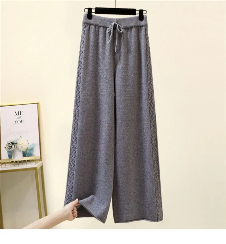 Fleece-lined Thickened Two-Piece Women's Autumn And Winter New High-Neck Twist Pullover Sweater Design Sense Daggedness Wide-Leg Pants display picture 14