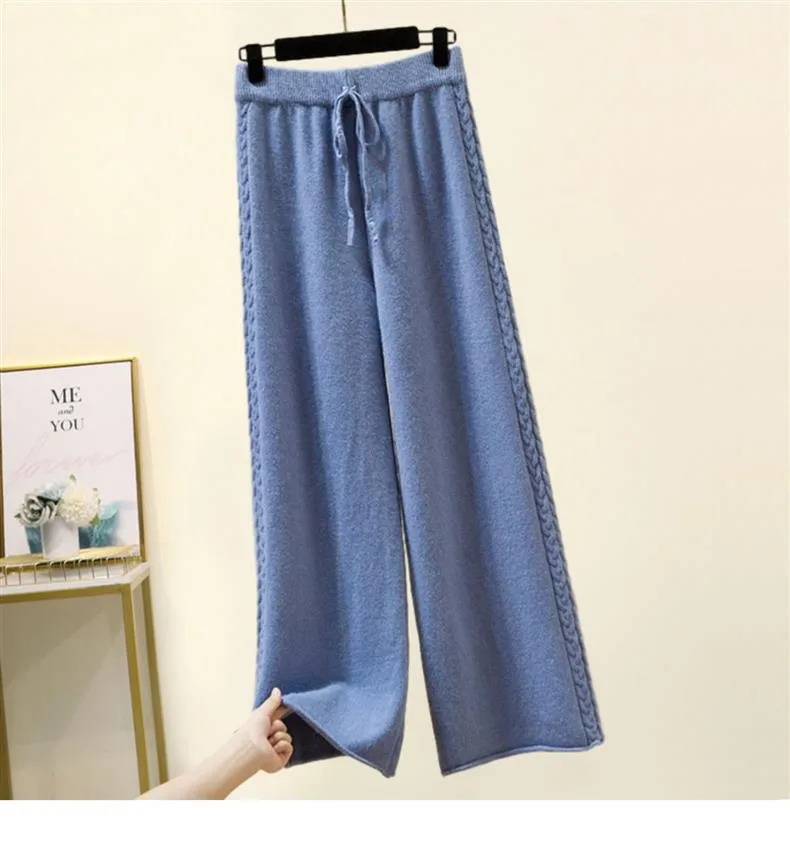 Fleece-lined Thickened Two-Piece Women's Autumn And Winter New High-Neck Twist Pullover Sweater Design Sense Daggedness Wide-Leg Pants display picture 15