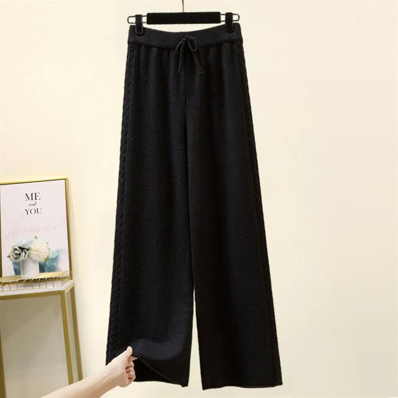 Fleece-lined Thickened Two-Piece Women's Autumn And Winter New High-Neck Twist Pullover Sweater Design Sense Daggedness Wide-Leg Pants display picture 16