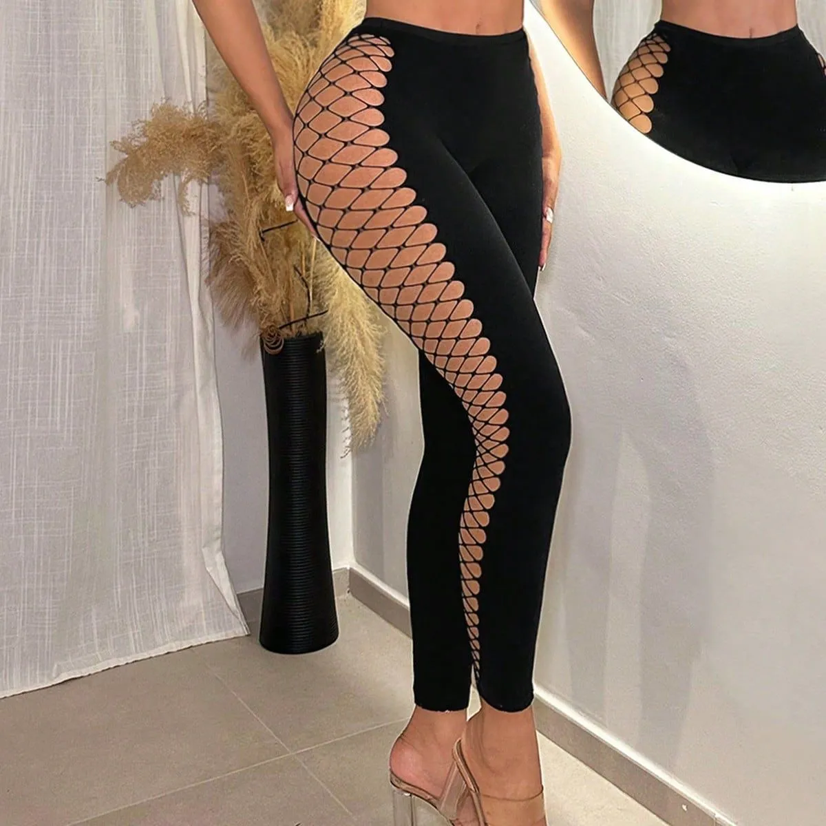 Spring New Women's Fishnet Sexy Versatile Fashion High-Elastic Knit Long Pants Casual Pants Women display picture 1