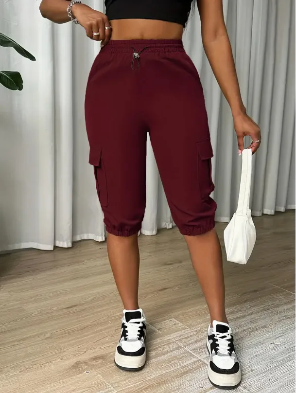 Explosions   Foreign Trade Women's Women's Loose Waist Slim-Fit Slimming Casual Multi-Pocket Solid Color Capri Pants display picture 3