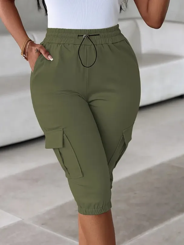Explosions   Foreign Trade Women's Women's Loose Waist Slim-Fit Slimming Casual Multi-Pocket Solid Color Capri Pants display picture 10
