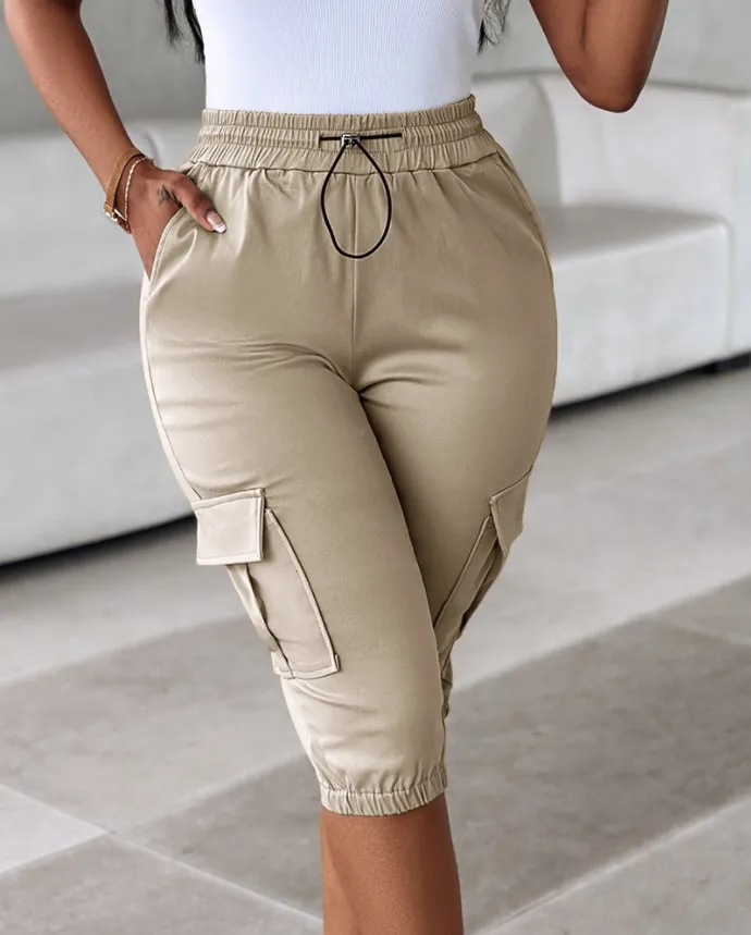 Explosions   Foreign Trade Women's Women's Loose Waist Slim-Fit Slimming Casual Multi-Pocket Solid Color Capri Pants display picture 16
