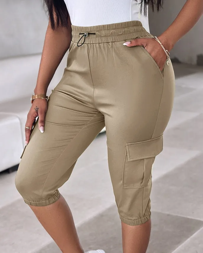 Explosions   Foreign Trade Women's Women's Loose Waist Slim-Fit Slimming Casual Multi-Pocket Solid Color Capri Pants display picture 17