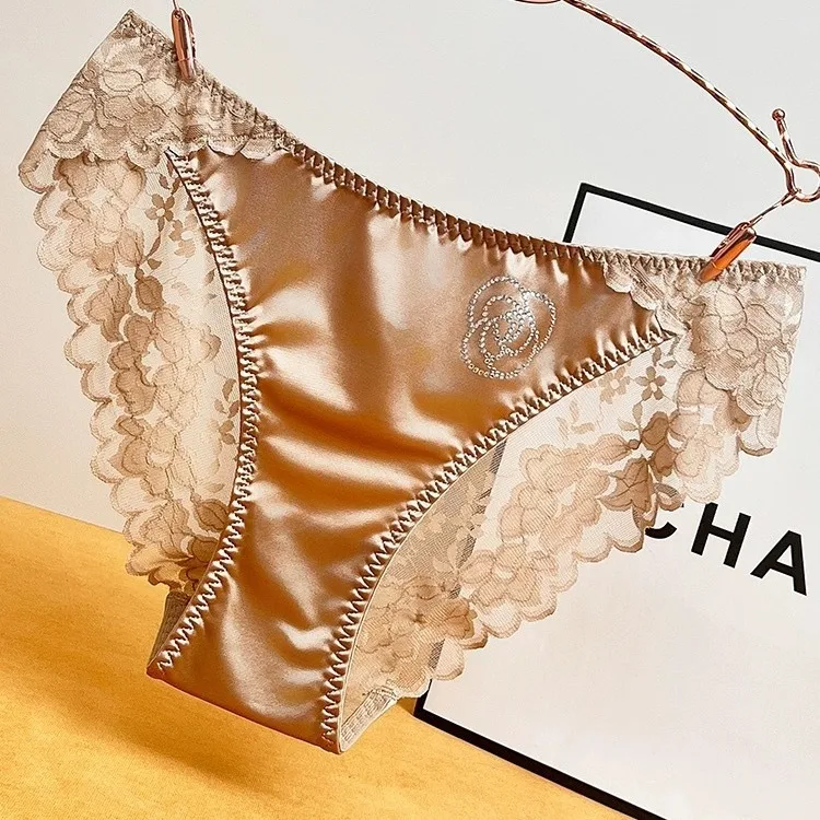 French Style Sexy Lace Underwear Women's Silky Ice Silk Satin Fashionable Diamond Embellished Traceless Briefs Comfortable And Breathable display picture 10