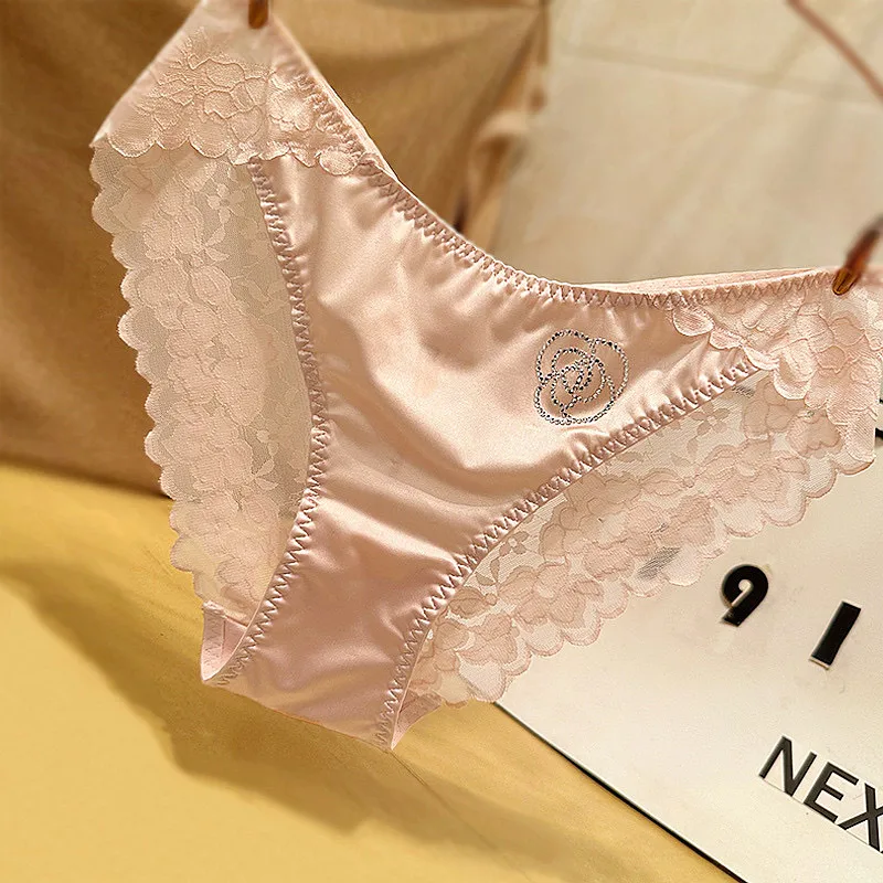 French Style Sexy Lace Underwear Women's Silky Ice Silk Satin Fashionable Diamond Embellished Traceless Briefs Comfortable And Breathable display picture 12