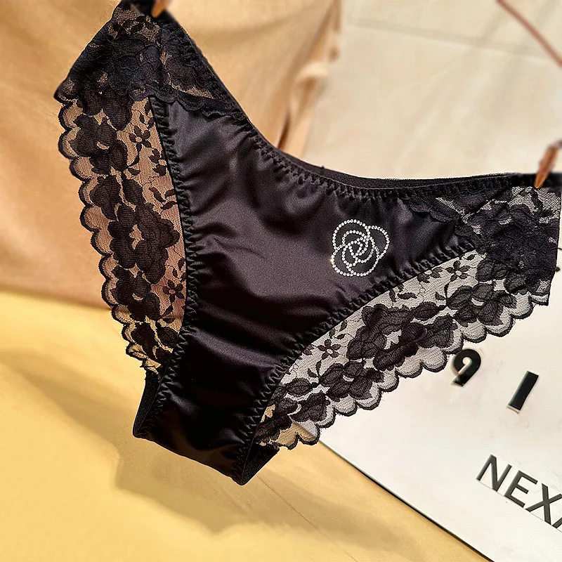 French Style Sexy Lace Underwear Women's Silky Ice Silk Satin Fashionable Diamond Embellished Traceless Briefs Comfortable And Breathable display picture 1
