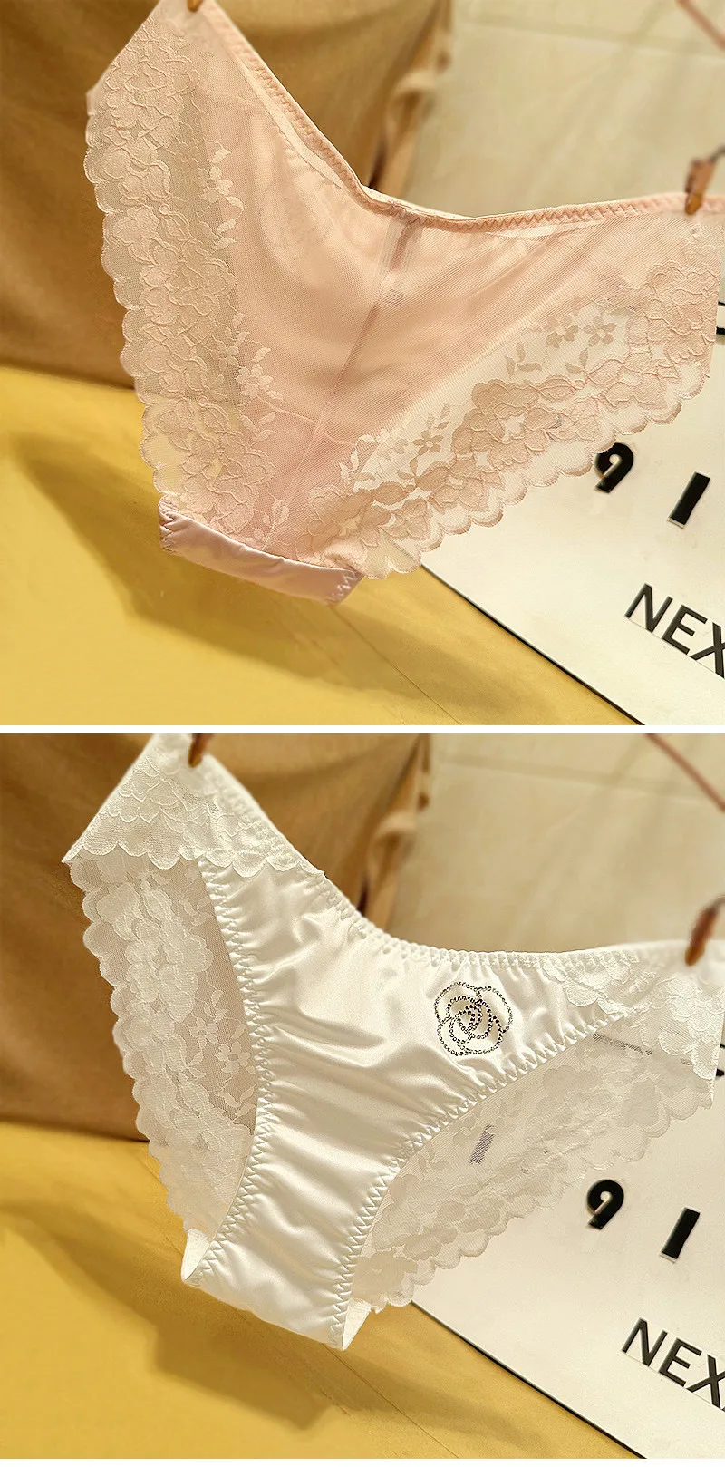 French Style Sexy Lace Underwear Women's Silky Ice Silk Satin Fashionable Diamond Embellished Traceless Briefs Comfortable And Breathable display picture 4