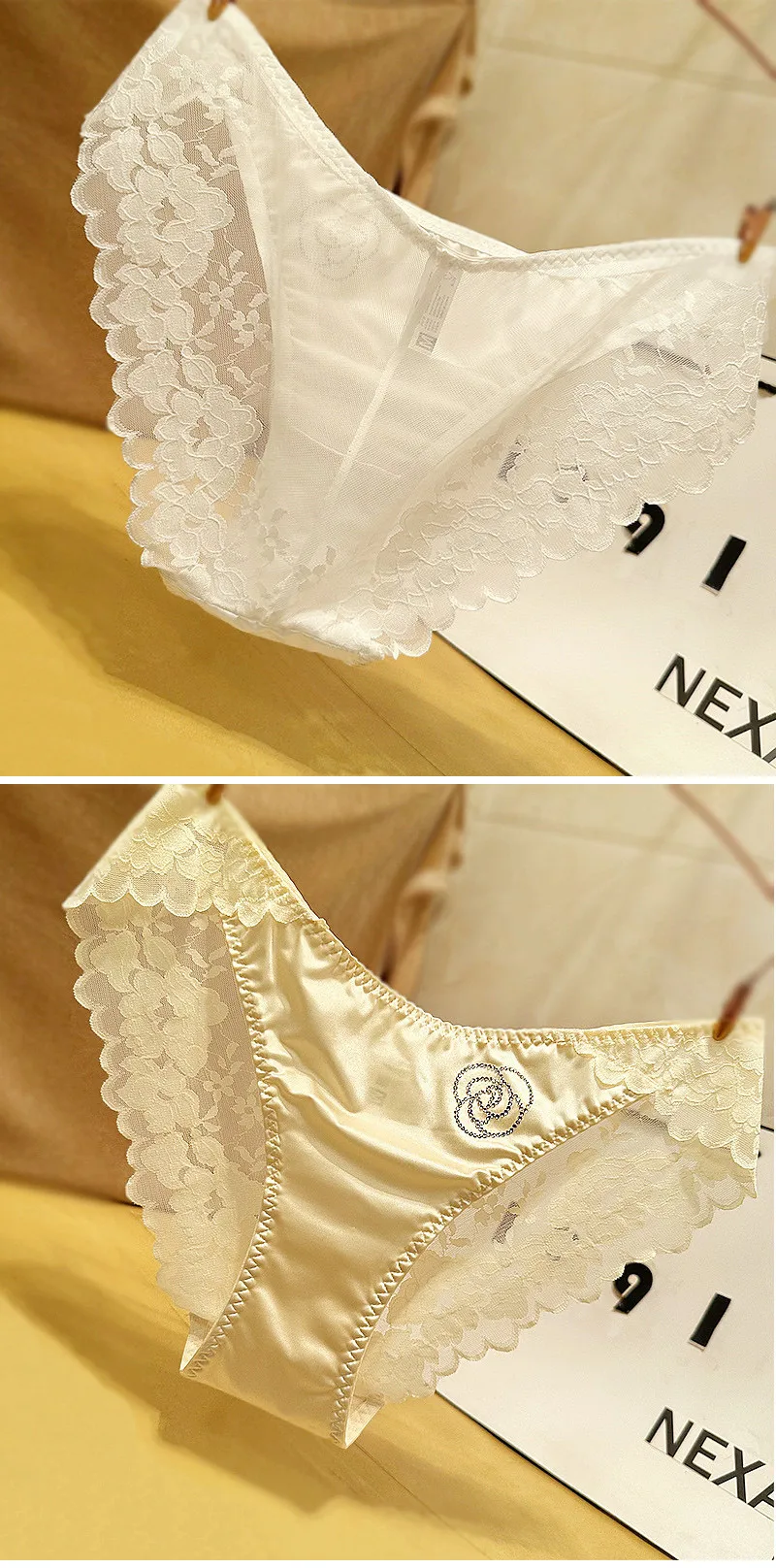 French Style Sexy Lace Underwear Women's Silky Ice Silk Satin Fashionable Diamond Embellished Traceless Briefs Comfortable And Breathable display picture 5