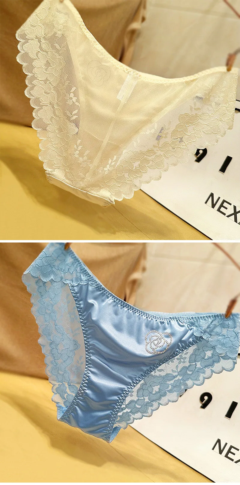 French Style Sexy Lace Underwear Women's Silky Ice Silk Satin Fashionable Diamond Embellished Traceless Briefs Comfortable And Breathable display picture 6