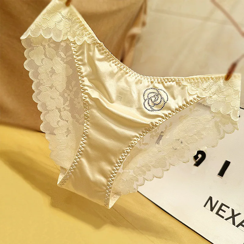 French Style Sexy Lace Underwear Women's Silky Ice Silk Satin Fashionable Diamond Embellished Traceless Briefs Comfortable And Breathable display picture 13