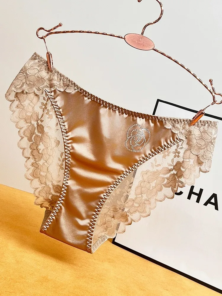 French Style Sexy Lace Underwear Women's Silky Ice Silk Satin Fashionable Diamond Embellished Traceless Briefs Comfortable And Breathable display picture 14