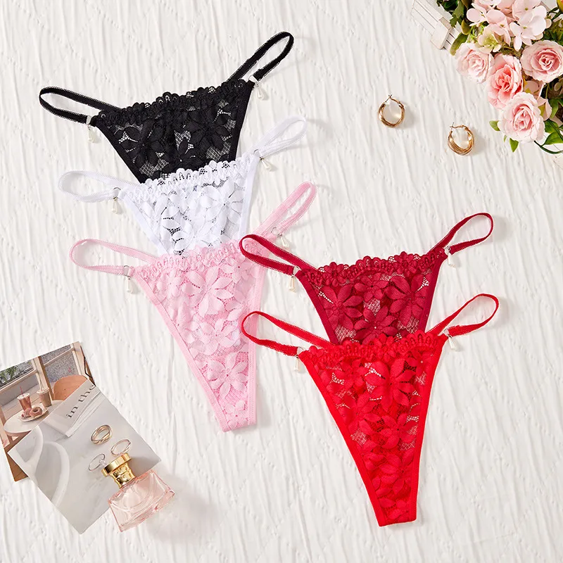 Underwear Fun New Lace Flower Small Pearl Pendant Comfortable Low Waist Women's Thong In Stock display picture 2