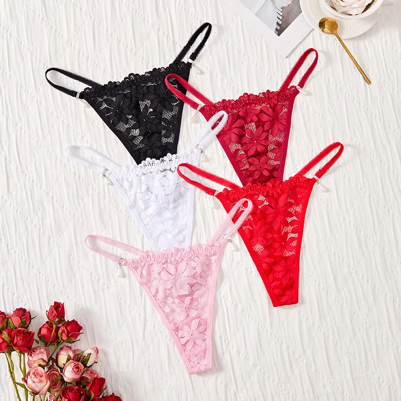 Underwear Fun New Lace Flower Small Pearl Pendant Comfortable Low Waist Women's Thong In Stock display picture 4