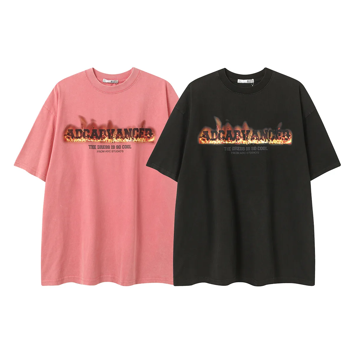 Jiayiku Men's  Summer American Retro Hip Hop Brand Heavy Washed Tee Flame Print Short Sleeve T-Shirt display picture 2