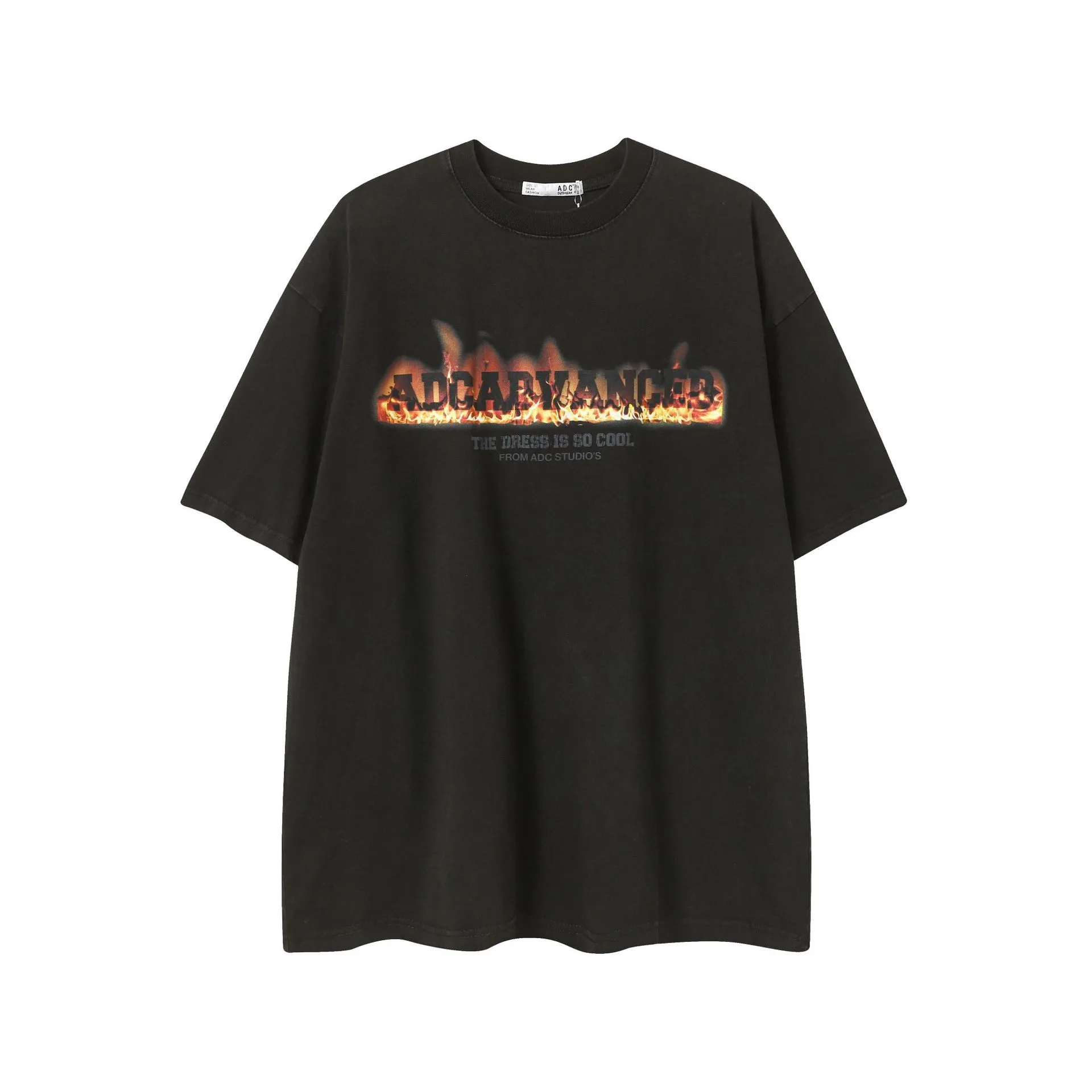 Jiayiku Men's  Summer American Retro Hip Hop Brand Heavy Washed Tee Flame Print Short Sleeve T-Shirt display picture 5