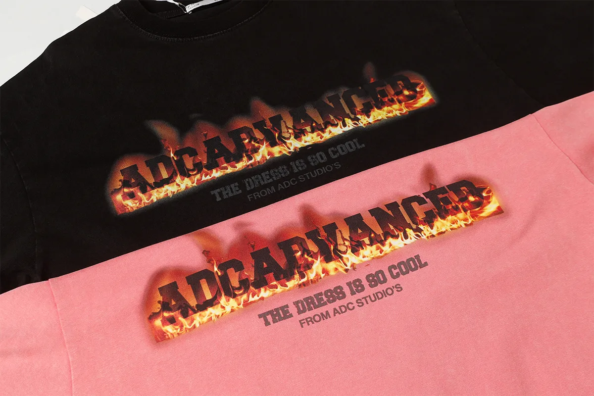 Jiayiku Men's  Summer American Retro Hip Hop Brand Heavy Washed Tee Flame Print Short Sleeve T-Shirt display picture 7