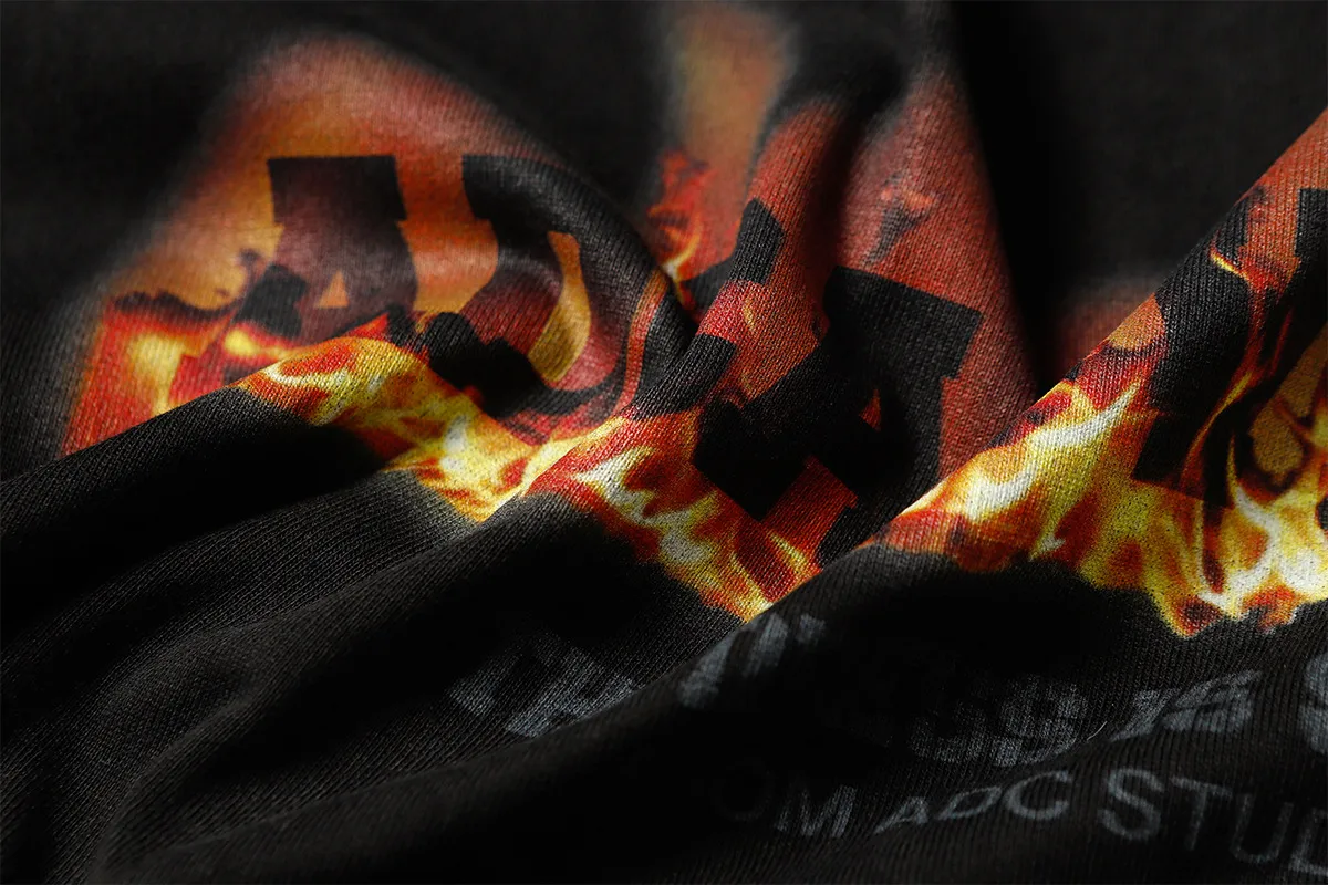 Jiayiku Men's  Summer American Retro Hip Hop Brand Heavy Washed Tee Flame Print Short Sleeve T-Shirt display picture 16