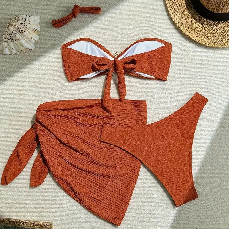 New Bikini Solid Color Swimsuit Three-Piece Set Tube Top Beach Dress   Bikini Women display picture 3
