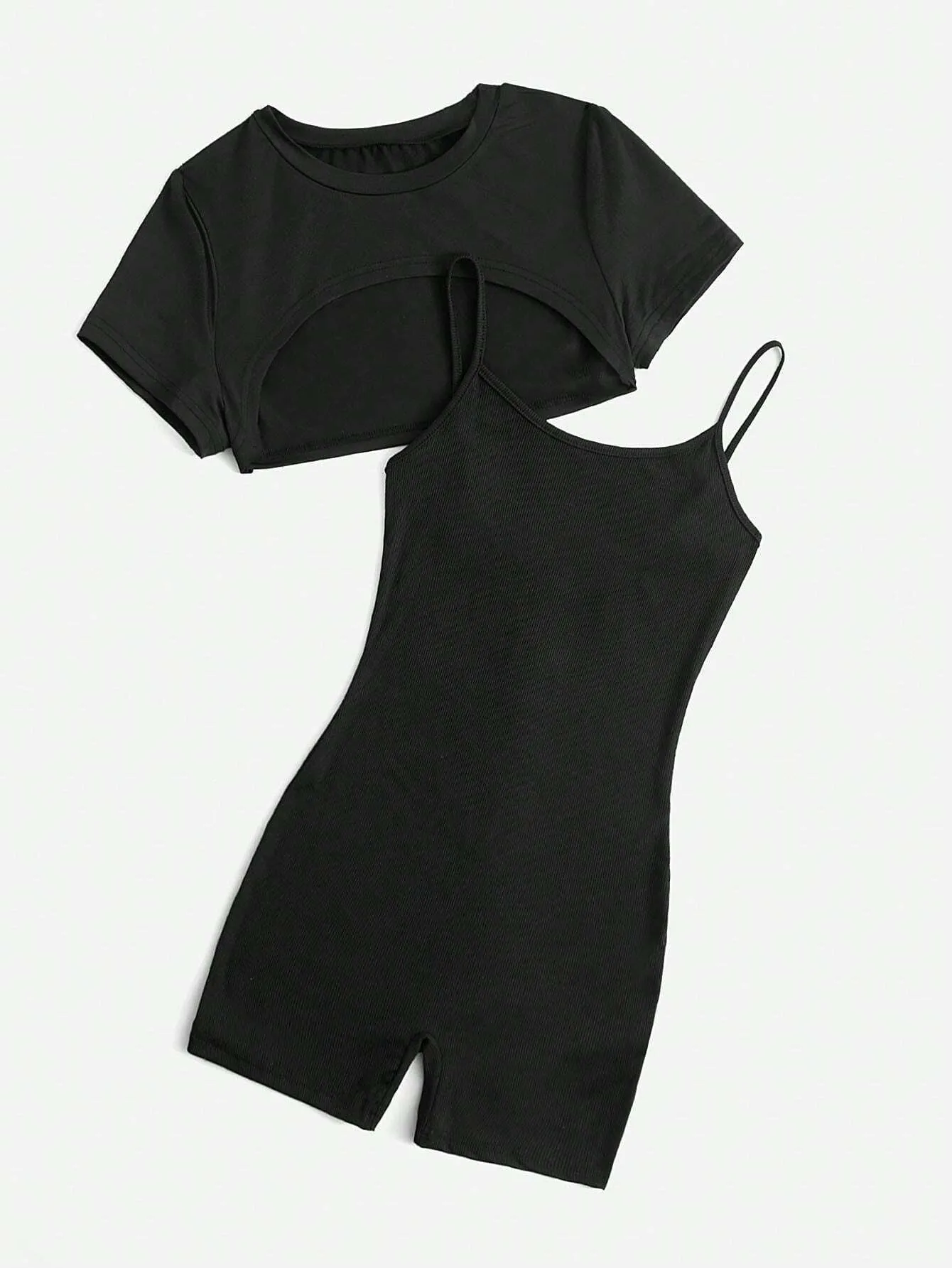 Europe And The United States  Hot Girls Suspenders Jumpsuit Fashion Suit Short Top Black Hip Pants Two-piece Set display picture 4