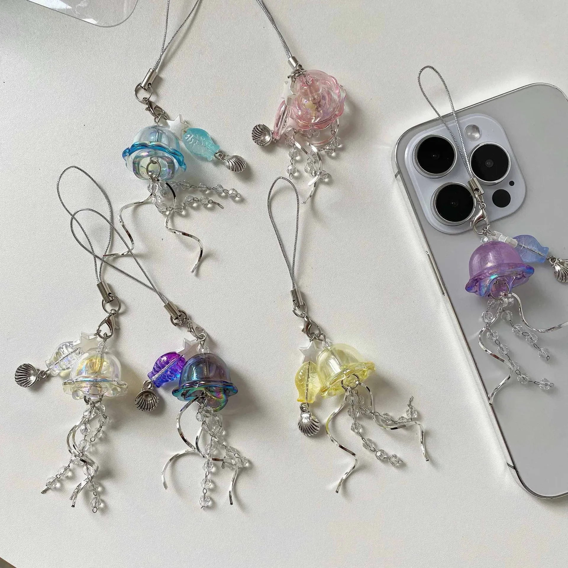 Original Dream Jellyfish Mobile Phone Chain Crystal Clear Marine Life Keychain Curve Metal Pendant Ins display picture 19