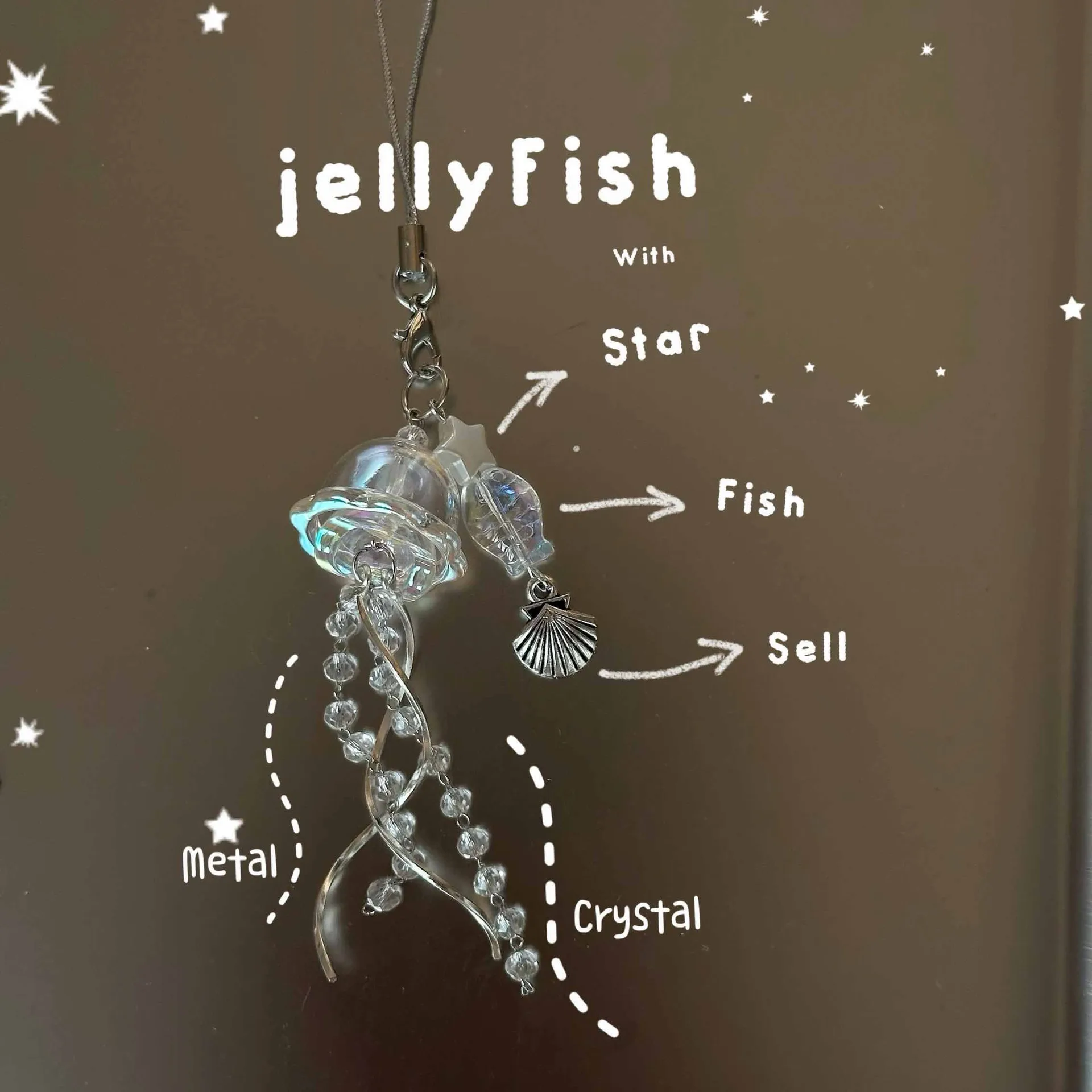 Original Dream Jellyfish Mobile Phone Chain Crystal Clear Marine Life Keychain Curve Metal Pendant Ins display picture 8