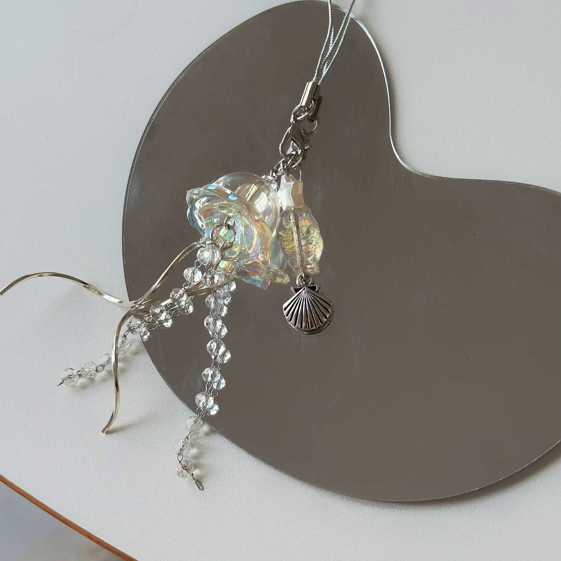 Original Dream Jellyfish Mobile Phone Chain Crystal Clear Marine Life Keychain Curve Metal Pendant Ins display picture 5