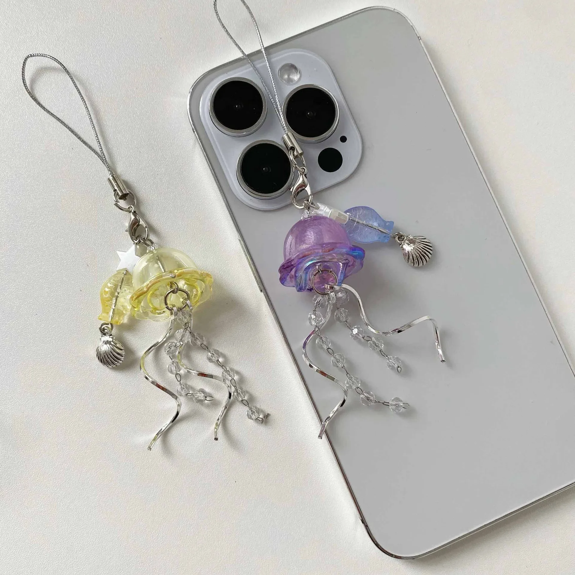 Original Dream Jellyfish Mobile Phone Chain Crystal Clear Marine Life Keychain Curve Metal Pendant Ins display picture 12