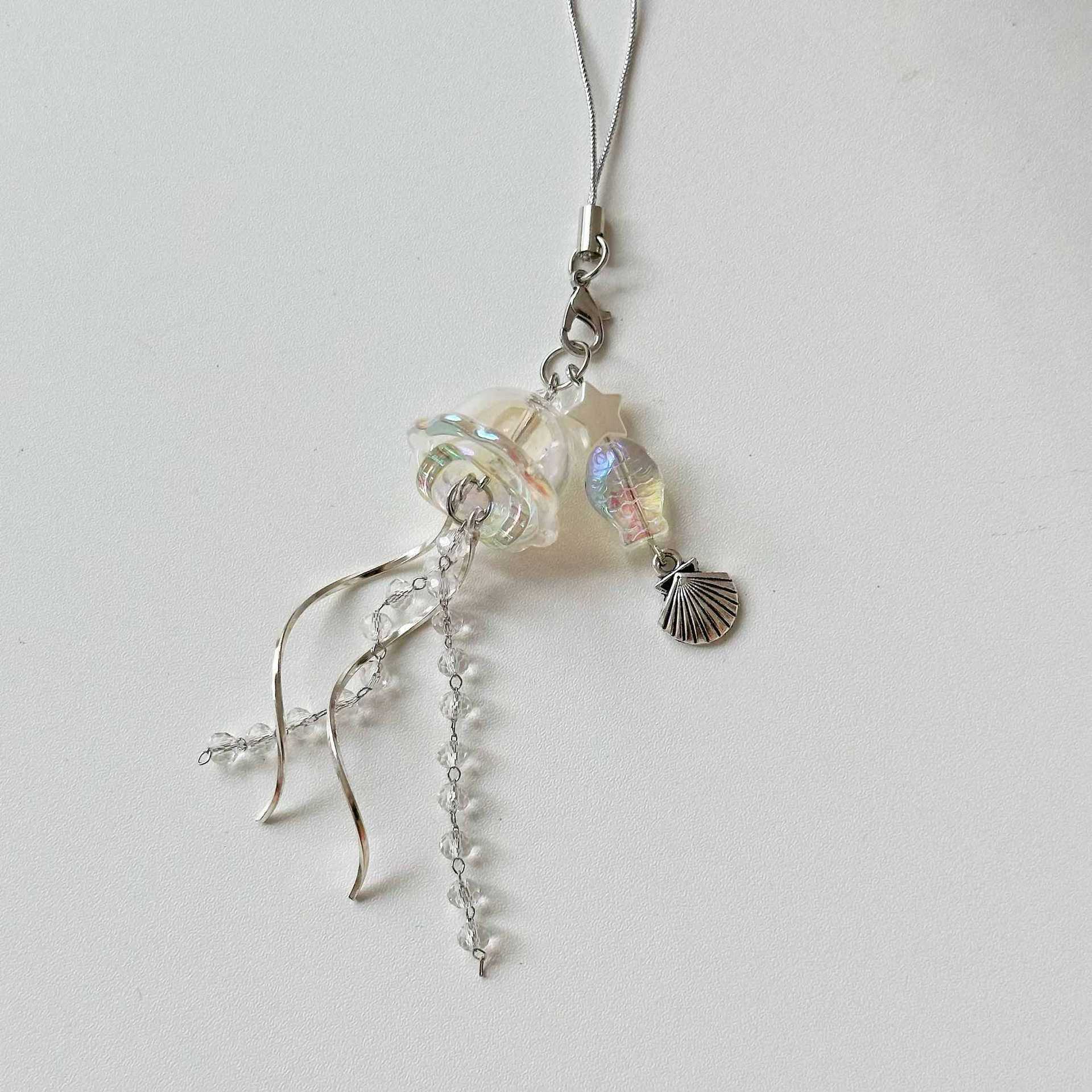 Original Dream Jellyfish Mobile Phone Chain Crystal Clear Marine Life Keychain Curve Metal Pendant Ins display picture 13
