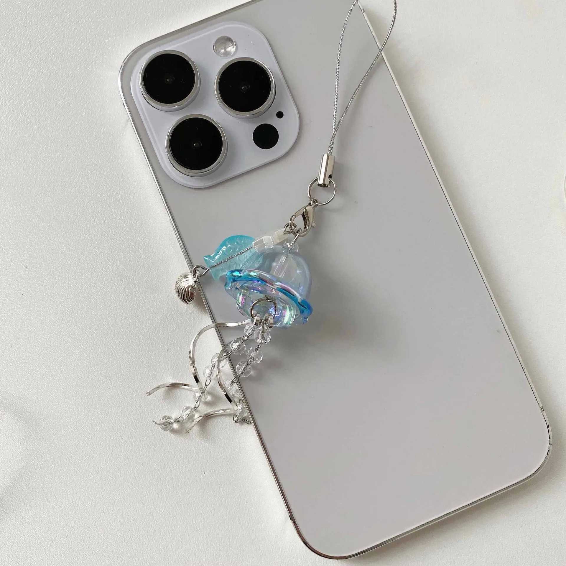 Original Dream Jellyfish Mobile Phone Chain Crystal Clear Marine Life Keychain Curve Metal Pendant Ins display picture 14
