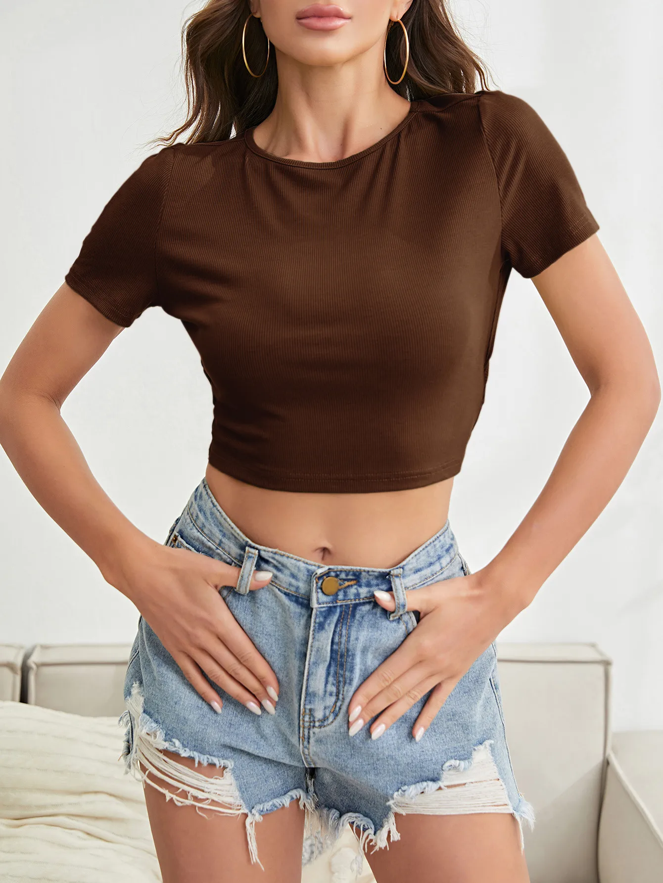 New  Women's Explosions Sexy Backless Knitted Solid Color Short T-Shirt Short Sleeve Top TOP display picture 23