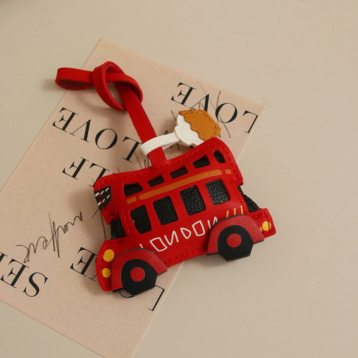 London Bus Car Leather Bag Pendant Key Chain Accessories Handmade Coffee Cup Simple Bag Pendant display picture 3