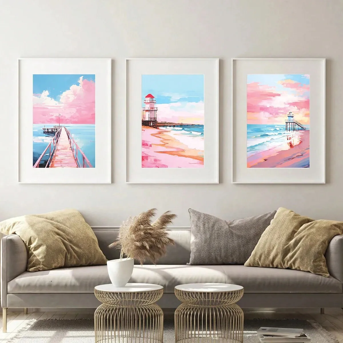 Modern Foreign Trade Illustration Style Pink Romantic Beach Lighthouse Living Room Bedroom Poster Canvas Painting Decorative Painting Core Frameless display picture 1