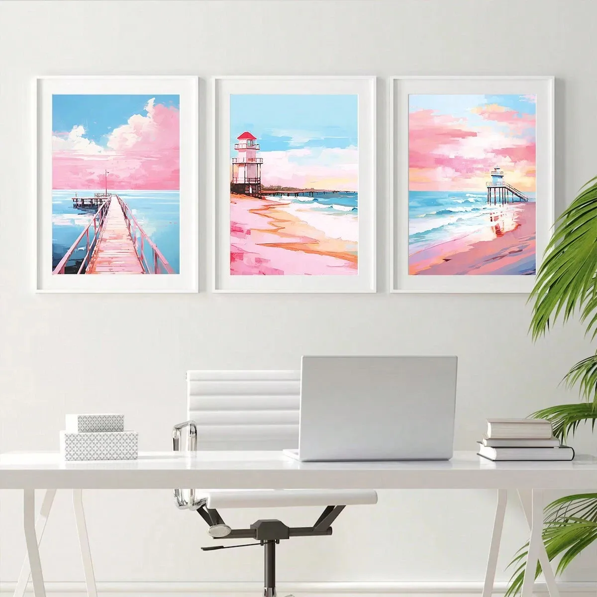 Modern Foreign Trade Illustration Style Pink Romantic Beach Lighthouse Living Room Bedroom Poster Canvas Painting Decorative Painting Core Frameless display picture 2