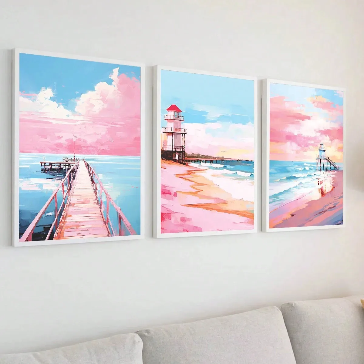 Modern Foreign Trade Illustration Style Pink Romantic Beach Lighthouse Living Room Bedroom Poster Canvas Painting Decorative Painting Core Frameless display picture 3