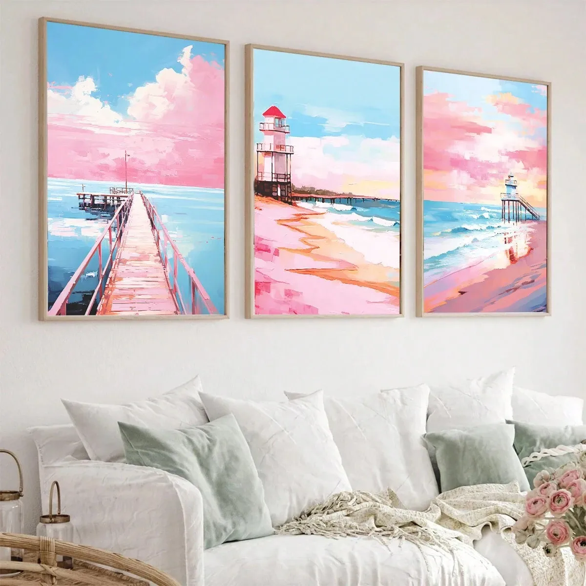 Modern Foreign Trade Illustration Style Pink Romantic Beach Lighthouse Living Room Bedroom Poster Canvas Painting Decorative Painting Core Frameless display picture 4
