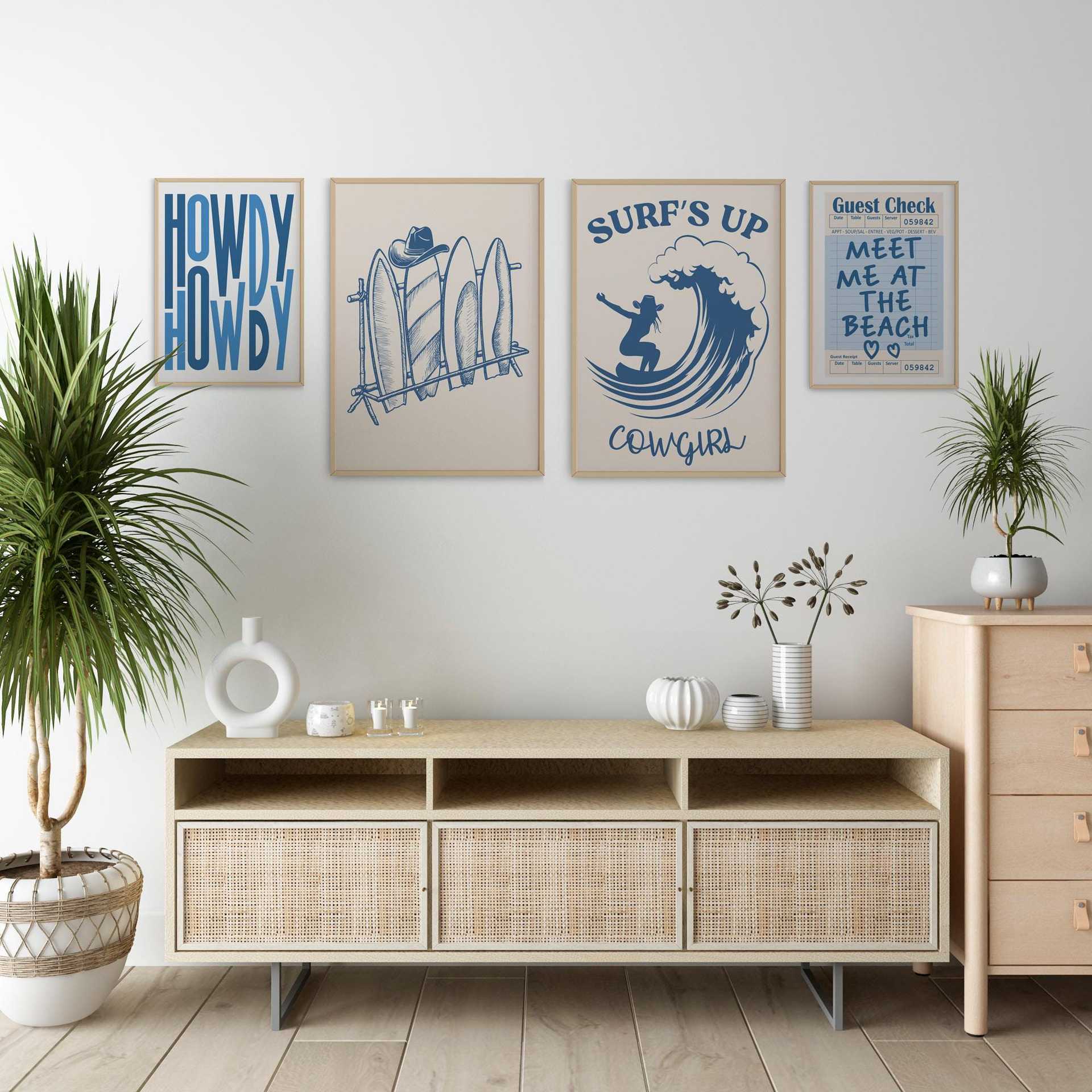 Blue Illustration Style Denim Girl Surfing Vacation Living Room Bedroom Canvas Decorative Painting Hanging Painting Frameless Poster display picture 3