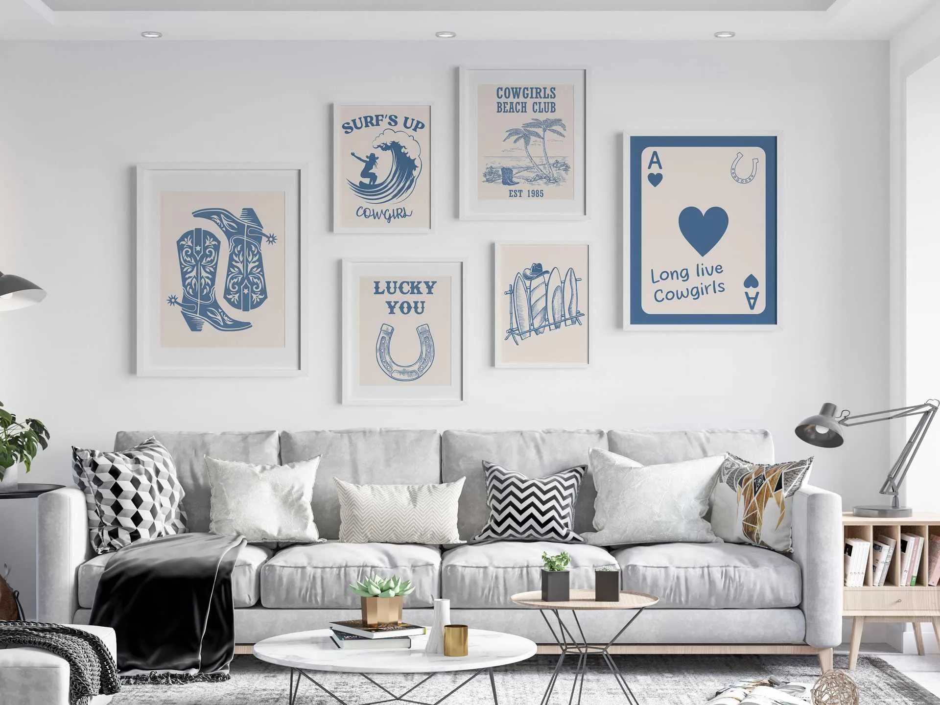 Blue Illustration Style Denim Girl Surfing Vacation Living Room Bedroom Canvas Decorative Painting Hanging Painting Frameless Poster display picture 1