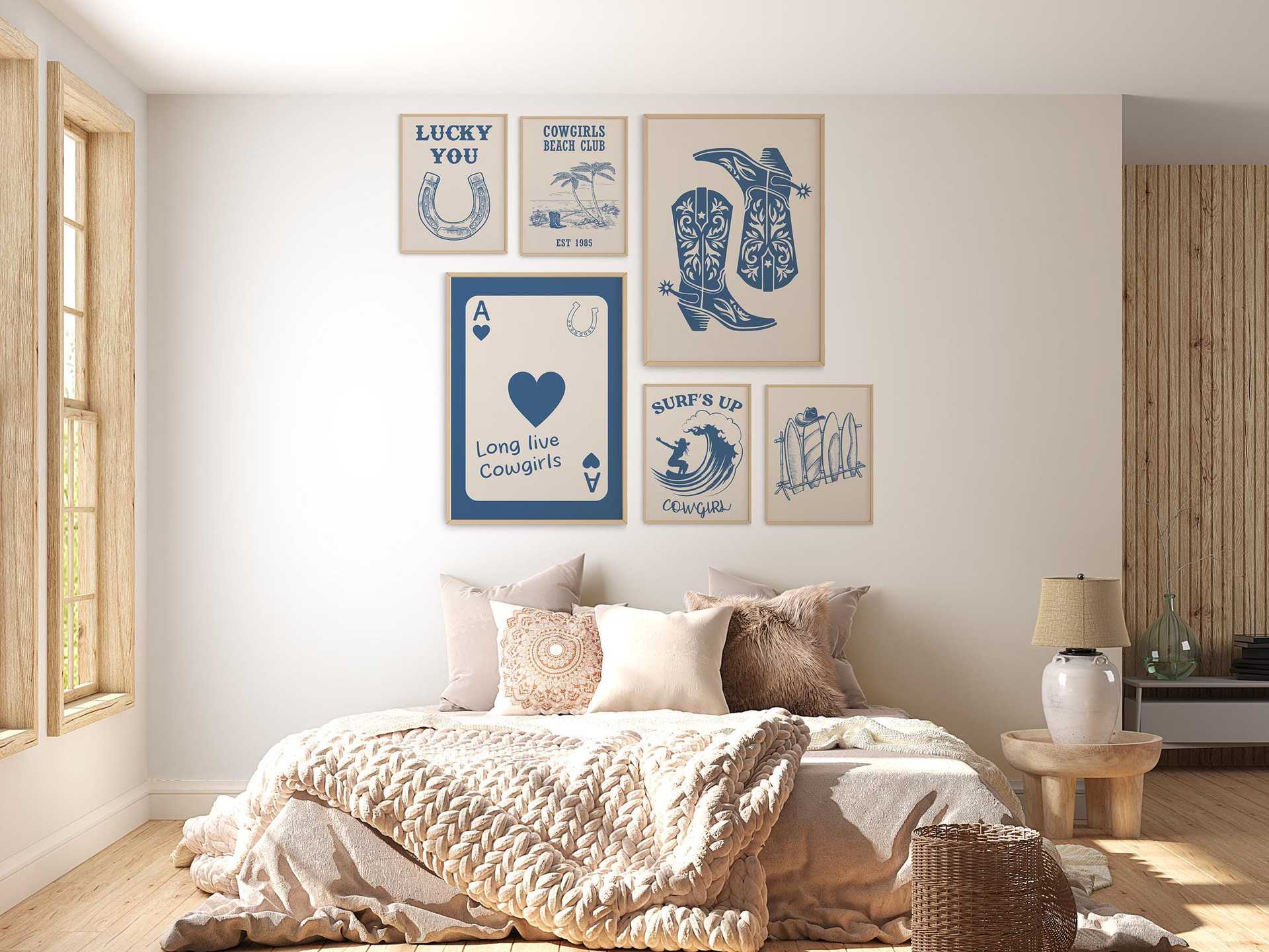 Blue Illustration Style Denim Girl Surfing Vacation Living Room Bedroom Canvas Decorative Painting Hanging Painting Frameless Poster display picture 4