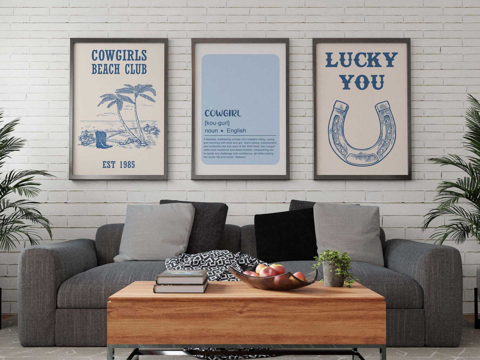 Blue Illustration Style Denim Girl Surfing Vacation Living Room Bedroom Canvas Decorative Painting Hanging Painting Frameless Poster display picture 5