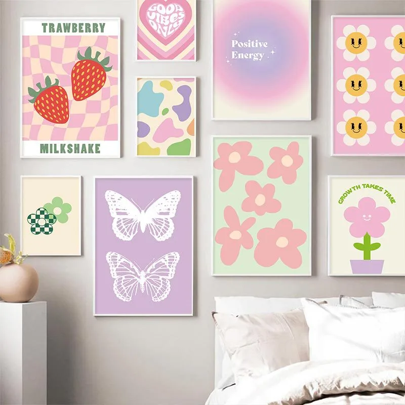 Nordic Pink Flower Butterfly Love Abstract Hotel B & B Living Room Wall Art Decoration Canvas Painting Core Hanging Painting display picture 1