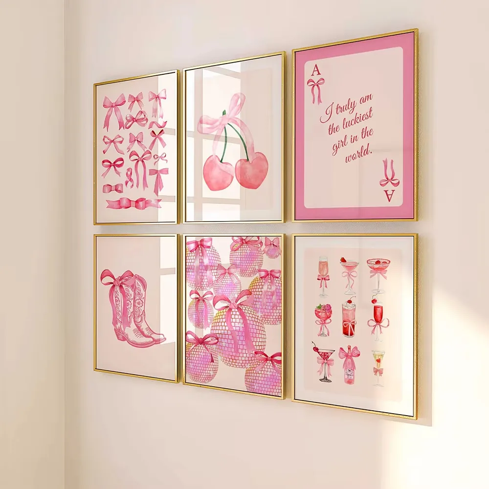 Foreign Trade Hot Explosions Pink Bow Cherry Disco Ball Denim Boots Bedroom Canvas Decorative Painting Frameless Core display picture 4